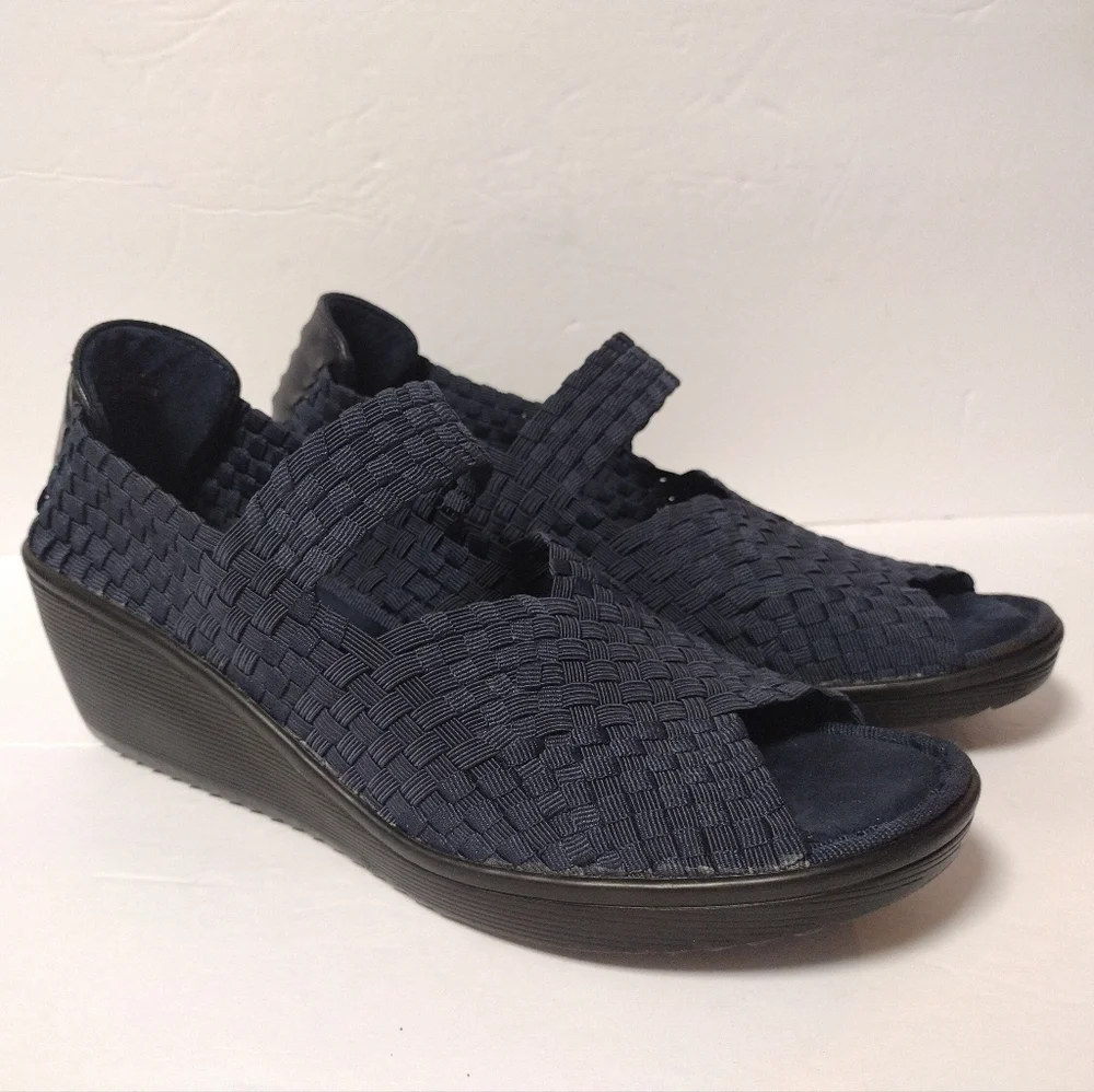 Baretraps Umma Women's Mary Jane Wedge Slip-On Woven Peep Toe Sandals Navy 10
